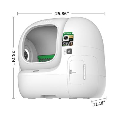 PETKIT uređaj s dimenzijama: širina 25,86 inča, visina 23,74 inča, dubina 21,18 inča. Vidljivo: AI kamera napomena i prikaz 43%.