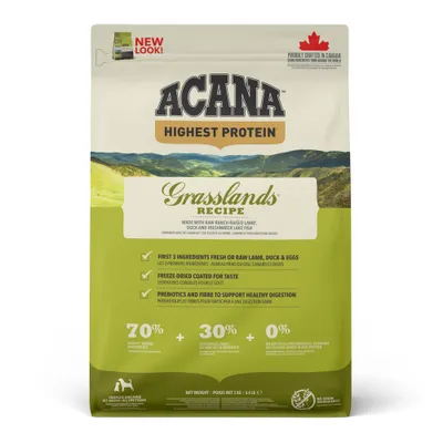 ACANA Highest Protein Grasslands Recipe. De eerste 3 ingrediënten: lam, eend, eieren. Vriesgedroogd voor de smaak. Prebiotica en vezels. 70% dierlijke, 30% plantaardige ingrediënten, 0% toevoegingen. ACANA Highest Protein Grasslands Recipe. De eerste 3 ingrediënten: lam, eend, eieren. Vriesgedroogd voor de smaak. Prebiotica en vezels. 70% dierlijke, 30% plantaardige ingrediënten, 0% toevoegingen.