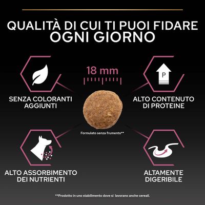 Crocchette con diametro di 18 mm, senza coloranti aggiunti, alto contenuto proteico, elevato assorbimento dei nutrienti, facilmente digeribili, formulate senza frumento.
