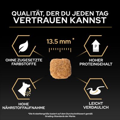 Krokettengröße 13,5 mm, ohne zugesetzte Farbstoffe, hoher Proteingehalt, hohe Nährstoffaufnahme, leicht verdaulich. Qualität, der du jeden Tag vertrauen kannst.