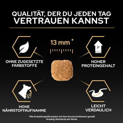 Krokettengröße 13 mm, ohne zugesetzte Farbstoffe, hoher Proteingehalt, hohe Nährstoffaufnahme, leicht verdaulich. Qualität, der du jeden Tag vertrauen kannst.