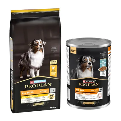 PURINA PRO PLAN Toutes tailles Adulte 1+ Croquettes et nourriture humide, riche en protéines, ingrédient n°1 : poulet, sans colorants, sac de 16 kg et boîte illustrés. PURINA PRO PLAN Toutes tailles Adulte 1+ Croquettes et nourriture humide, riche en protéines, ingrédient n°1 : poulet, sans colorants, sac de 16 kg et boîte illustrés.