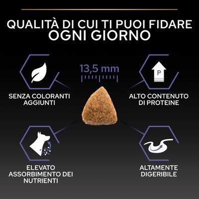 Dimensione delle crocchette 13,5 mm, senza coloranti, alto contenuto proteico, elevato assorbimento dei nutrienti, facilmente digeribile. Testo: Qualità di cui puoi fidarti ogni giorno.