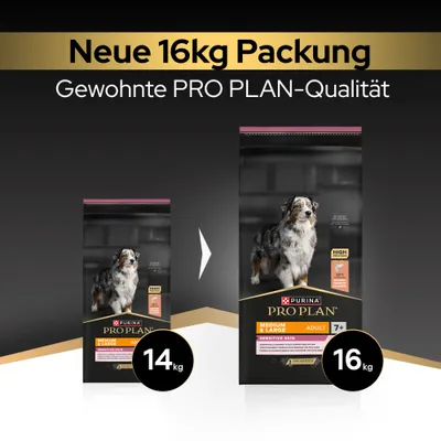 Neue 16kg Packung, gewohnte PRO PLAN-Qualität. Produktabbildung zeigt Wechsel von 14kg auf 16kg Beutel. Neue 16kg Packung, gewohnte PRO PLAN-Qualität. Produktabbildung zeigt Wechsel von 14kg auf 16kg Beutel.
