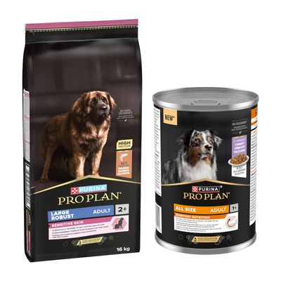 PURINA PRO PLAN Large Athletic Adult tørfoder med kylling, 16 kg, og PRO PLAN All Size Adult vådfoder med kalkun, synlige produktemballager.