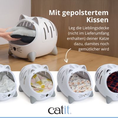 Katzenhaus mit gepolstertem Kissen, Hinweis: Lieblingsdecke nicht im Lieferumfang enthalten, verschiedene Deckenbeispiele gezeigt. Marke: catit.