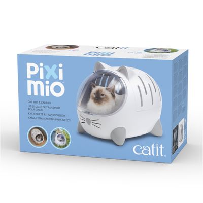 catit Pixi mio cat bed & carrier, image of a cat in a white-grey box with viewing window. Text in several languages on the packaging.
