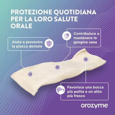 Orozyme Snack da masticare. Protegge quotidianamente la salute orale, aiuta a prevenire la placca dentale, supporta gengive sane e garantisce un alito fresco.