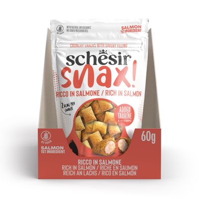 schesir snax Ricco med laks, rig på laks, med taurin og vitaminer, uden korn, naturlige antioxidanter, ingen tilsætningsstoffer, 60 g, 2 kcal pr. snack.