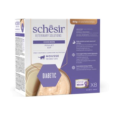 Schesir Veterinary Solutions Tun med Tilapia, Diabetic, 8x80g dåser. Kornfri, minimalt forarbejdet, naturlige ingredienser, højt proteinindhold, lavt sukkerindhold, kontrolleret energitilførsel.