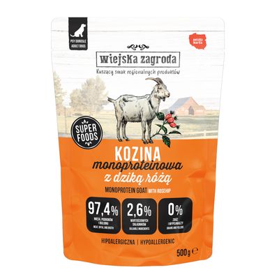 wiejksa zagroda Wołowina monoproteinowa z ostropestem, Super Foods, 97,4% Fleisch, Innereien und Brühe, 2,6% wertvolle Zutaten, 0% Getreide und Füllstoffe, hypoallergen, 500g