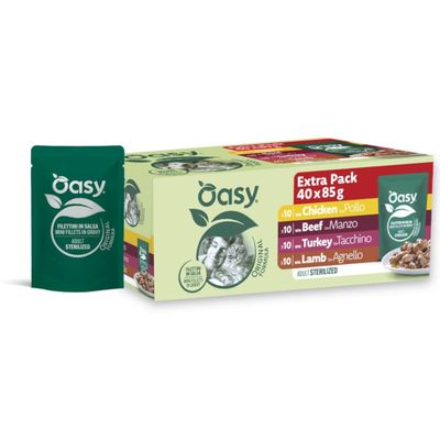 Oasy Extra Pack 40 x 85g, je 10x Huhn, Rind, Truthahn, Lamm. Filettini in Salsa Mini Filets in Gravy, Adult Sterilized.