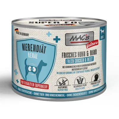 MAC's Vetcare Nierdieet Renal, verse kip & rund. Aanbevolen door dierenartsen bij nierinsufficiëntie. Glutenvrij, Gezondheid Plus, vers vlees. Zonder toegevoegde suikers, Made in Germany. MAC's Vetcare Nierdieet Renal, verse kip & rund. Aanbevolen door dierenartsen bij nierinsufficiëntie. Glutenvrij, Gezondheid Plus, vers vlees. Zonder toegevoegde suikers, Made in Germany.