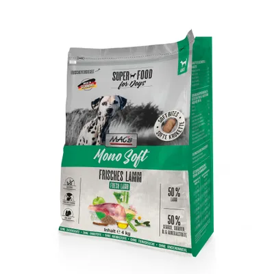MAC's Mono Soft Cordeiro Fresco, Super Alimento para Cães, Bocados Macios, 50% cordeiro, 50% legumes, ervas, óleos e minerais, sem adição de açúcar, conteúdo 4, kg.