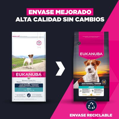 Comparación entre el antiguo y el nuevo envase de Eukanuba Jack Russell Terrier Adult. Nota: envase mejorado y reciclable, misma alta calidad.