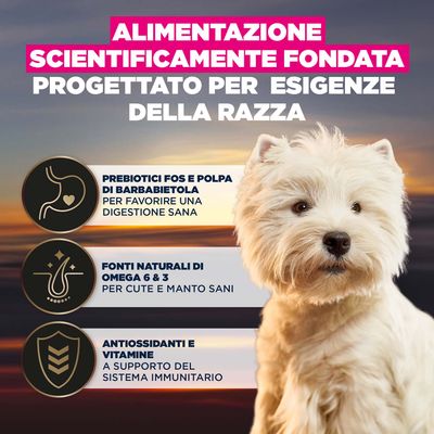 Alimentazione scientificamente studiata: prebiotici e polpa di barbabietola per una digestione sana, omega 6 & 3 per pelle e pelo, antiossidanti e vitamine per il sostegno del sistema immunitario.