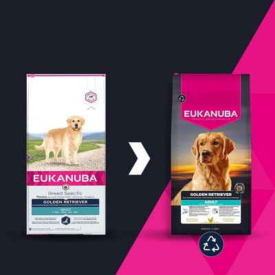 Eukanuba Golden Retriever Adult: Изображението показва стария и новия стил на опаковката с рециклиращ символ. Името на продукта и видът са видими и на двете опаковки.
