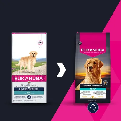Eukanuba Golden Retriever Adult: Изображението показва стария и новия стил на опаковката с рециклиращ символ. Името на продукта и видът са видими и на двете опаковки.