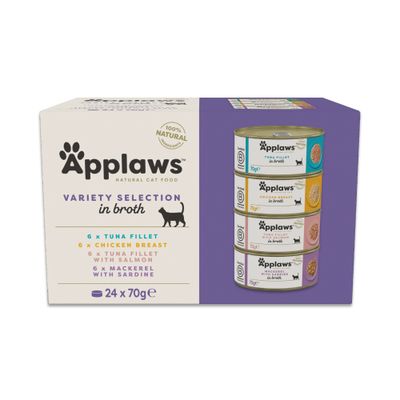 Applaws Natural Cat Food Variety Selection in Broth, 24 cans, each 70g: Tuna Fillet, Chicken Breast, Tuna with Salmon, Mackerel with Sardine. 100% natural.