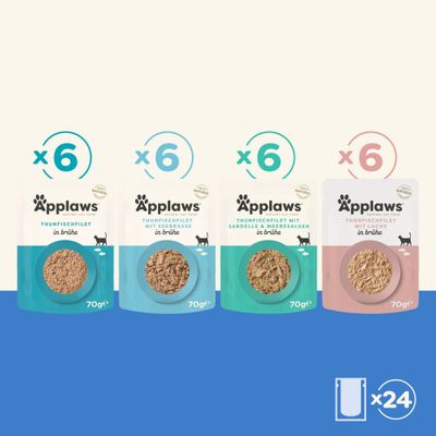 Applaws macskaeledel multipack: 6x tonhalfilé, 6x tonhal & tengeri keszeg, 6x szardella & tengeri alga, 6x tonhal & lazac, összesen 24 tasak, 70g.