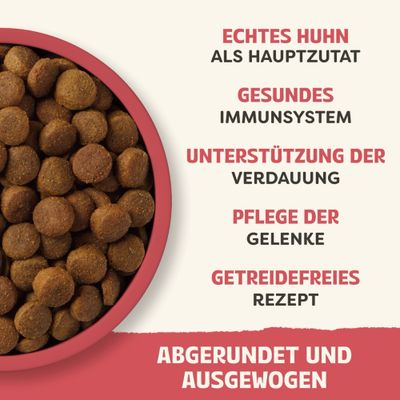 Echtes Huhn als Hauptzutat, gesundes Immunsystem, Unterstützung der Verdauung, Pflege der Gelenke, getreidefreies Rezept, abgerundet und ausgewogen.