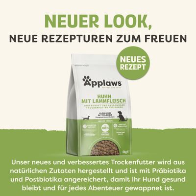 Applaws Huhn mit Lammfleisch Trockenfutter für Hunde, neues Rezept. Aus natürlichen Zutaten, angereichert mit Präbiotika und Postbiotika, getreidefrei, 4kg Packung.