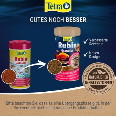Tetra Rubin Granules mit neuem Design und verbesserter Rezeptur, ohne Zusatz von Konservierungsstoffen, mit natürlichen Inhaltsstoffen, ohne Farbstoffe. Hinweis auf Übergangsphase.