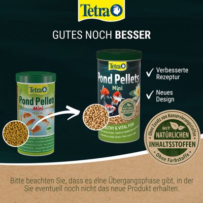 Tetra Pond Pellets Mini mit neuem Design und verbesserter Rezeptur, ohne Zusatz von Konservierungsstoffen, mit natürlichen Inhaltsstoffen, ohne Farbstoffe.
