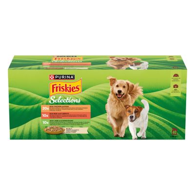 Purina Friskies in gelei, 12 x 85g. Soorten: rund & wortel, kip & erwt, lam & boon. Zonder kleurstoffen, 100% uitgebalanceerde voeding, verpakking met productbelofte.