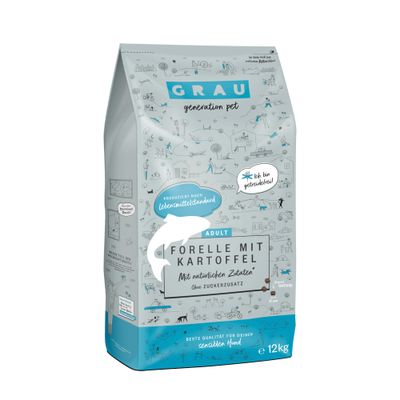 GRAU generation pet Forelle mit Kartoffel, Adult, mit natürlichen Zutaten, ohne Zuckerzusatz, getreidefrei, produziert nach Lebensmittelstandard, 12 kg Beutel.