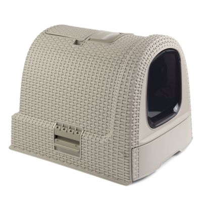 Toilette chiusa per gatti in plastica verde con superficie strutturata e sportello trasparente frontale.