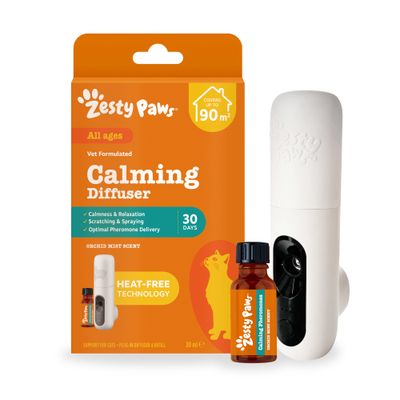 Zesty Paws Calming Diffuser, covers up to 190 m², 30 days, Heat-Free Technology, suitable for all age groups, Orchid Mist Scent, bottle and diffuser visible.