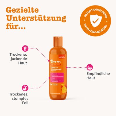 Zesty Paw bőr- & szőr lazacolaj formula: célzott támogatás a száraz, viszkető bőrre, érzékeny bőrre és száraz, fakó szőrzetre. Szabadalmaztatás alatt.