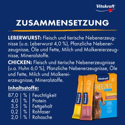 Vitakraft Freezies Compoziție: pastă de ficat și pui cu carne, subproduse de origine animală și vegetală, uleiuri, grăsimi, lapte, minerale. Umiditate 87%, proteină 4%.