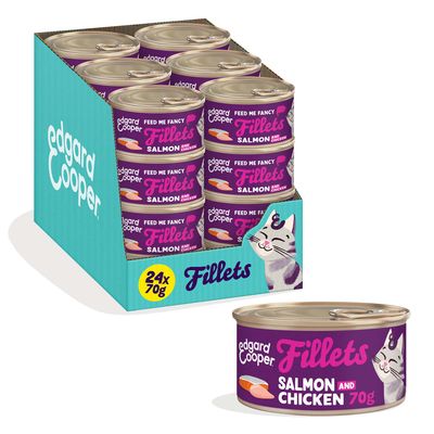 edgard cooper Filets Zalm en Chicken 70g, 24 blikjes in een karton, afbeelding van het blikje met stukjes zalm en chicken.