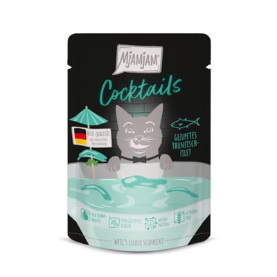 mjamjam Cocktails filetto di tonno sfilacciato, qualità superiore di produzione tedesca, per animali che bevono poco, carne finemente sfilacciata, monoproteico, senza cereali.