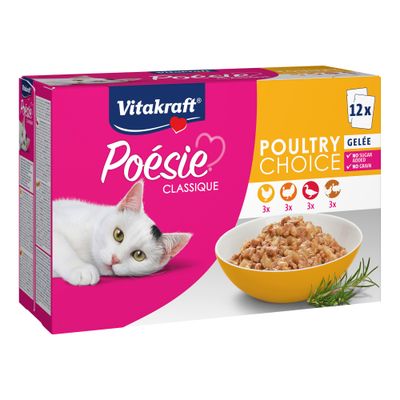 Vitakraft Poésie Classique, Classic Choice Sauce, 12 porties. Zonder toegevoegde suikers, zonder granen. Soorten: kip, rund, lam, vis. MSC-gecertificeerd.