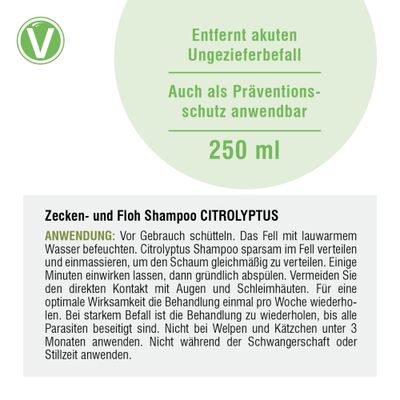 Zecken- und Floh Shampoo CITROLYPTUS, entfernt akuten Ungezieferbefall, auch als Präventionsschutz anwendbar, 250 ml. Anwendungshinweise für Fellpflege sichtbar.