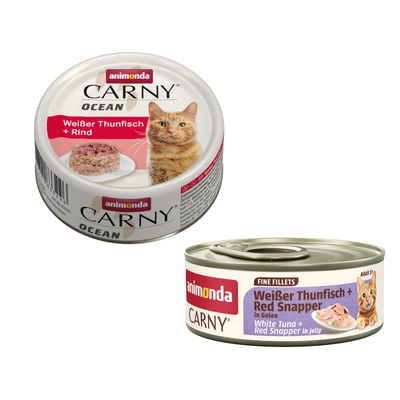 Animonda Carny Ocean multipack, zeevariatie nr. 1, zonder granen, 12 blikken à 80g. Soorten: zalm+jongsardines, witte tonijn+rund, tonijn+zeevruchten, witte tonijn+red snapper.