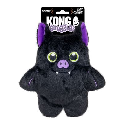 KONG Snuzzles giocattolo in peluche nero con dettagli viola, confezione con la scritta 'Squeaks' e 'Jouet Couineur'.