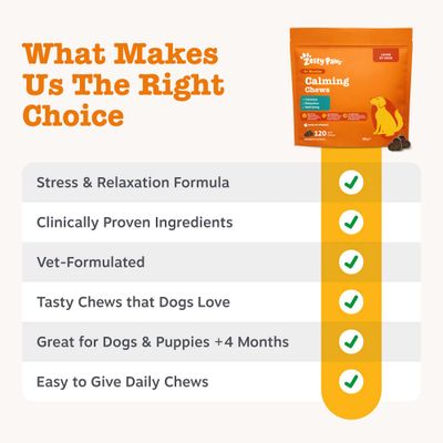 Zesty Paws Calming Chews. Formula proti stresu a na relaxáciu, klinicky testované prísady, vyvinuté veterinármi, chutné žuvacie pásiky, pre psy od 4 mesiacov, ľahko podávateľné.