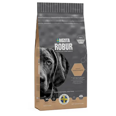 Bozita Robur Adult Maintenance, super funktionelt hundefoder, 78% animalsk protein, Made in Sweden, vægt 13 kg.