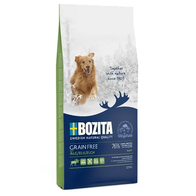 Bozita Grain Free koiranruoka, sisältää hirveä, 76 % eläinproteiinia, 12 kg. Ruotsalaista laatua, viljaton, aikuisille koirille.