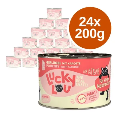 Lucky Lou Geflügel mit Karotte, Poultry with Carrot, for Kittens, 24×200g konzerv. Text: >96% meat! Made in Germany, Für kleine Nesthocker.