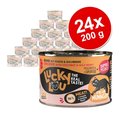 Lucky Lou kana kookoksella ja gojimarjalla, 24 x 200 g säilykepakkaus. Etiketissä tekstit: 96 % lihaa, monoproteiini, superfood, Made in Germany.