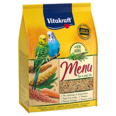 Vitakraft Menu For a vital life, alimentation pour perruches avec +VITA HERBS. Mentions visibles : Made in Germany, No colourings or preservatives, Sugar free recipe, Vitamins, Minerals & Iodine.