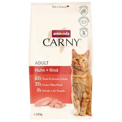 animonda Carny Adult Huhn + Rind kattenvoer, 1,75 kg. 65% vlees & dierlijke ingrediënten, 35% vers kippenvlees, 0% granen. Zonder suiker. Met afbeelding van een oranje kat.