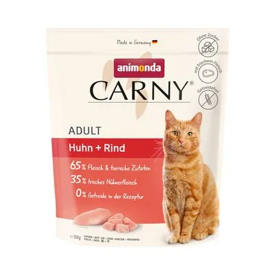 animonda Carny Adult Huhn + Rind kattenvoer, 65% vlees & dierlijke ingrediënten, 35% vers kippenvlees, 0% granen in de receptuur. Zonder suiker, met verse vlees, graanvrij.