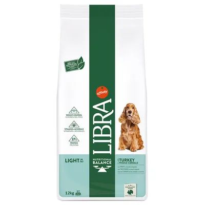 Libra Nutritional Balance Light in Fat s krůtou a celozrnnými obilovinami, 12 kg. Kontrola hmotnosti, vitaminy a minerály, 27 % bílkovin. Bez umělých přísad. Obrázek psa na obalu.