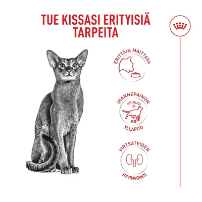 Kuvassa kissa ja kolme symbolia: erittäin maukas, ihannepainon ylläpito, virtsateiden hyvinvointi. Otsikko suomeksi.